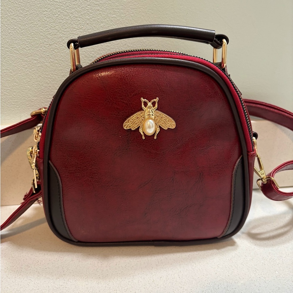 Amazon Burgundy Crossbody Bag with Gold Bee Accent